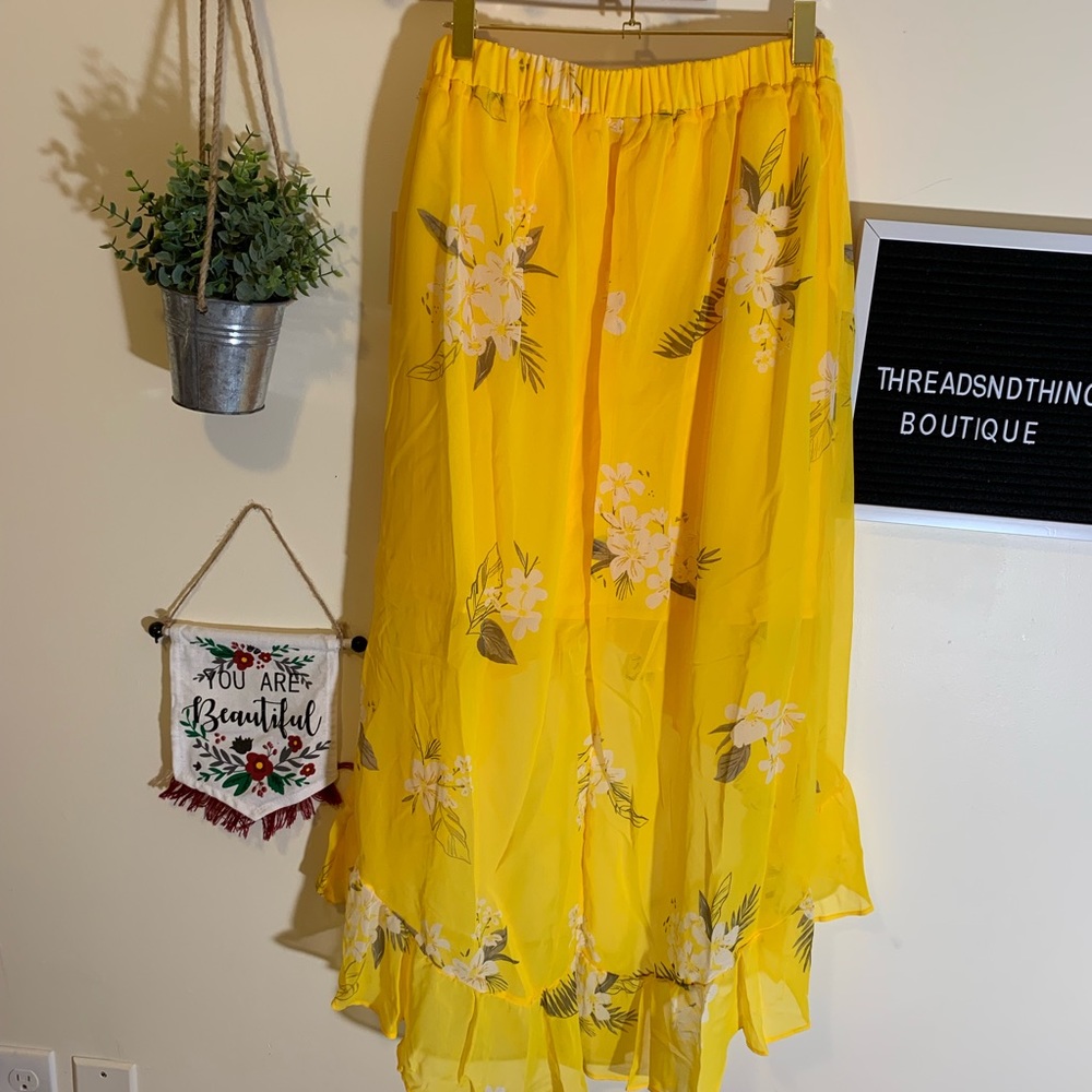 Yellow Floral Wrap Skirt Ruffle Hem - Picture 6 of 7
